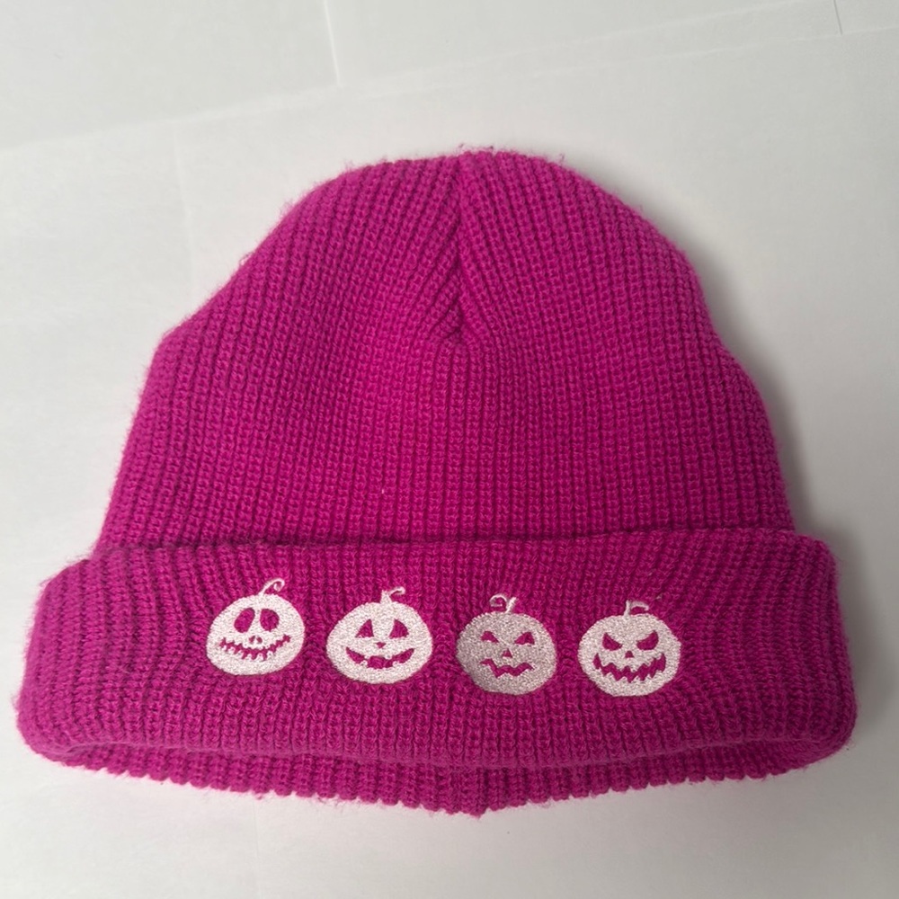 Pink Knit Beanie with White Pumpkin Faces